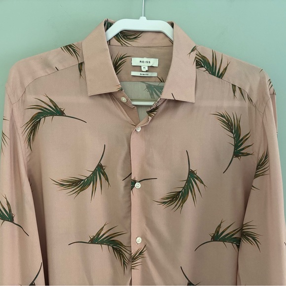 Reiss Women’s Palm Print Button Down Blouse Pink Viscose Slim Fit Size XL - Picture 3 of 10